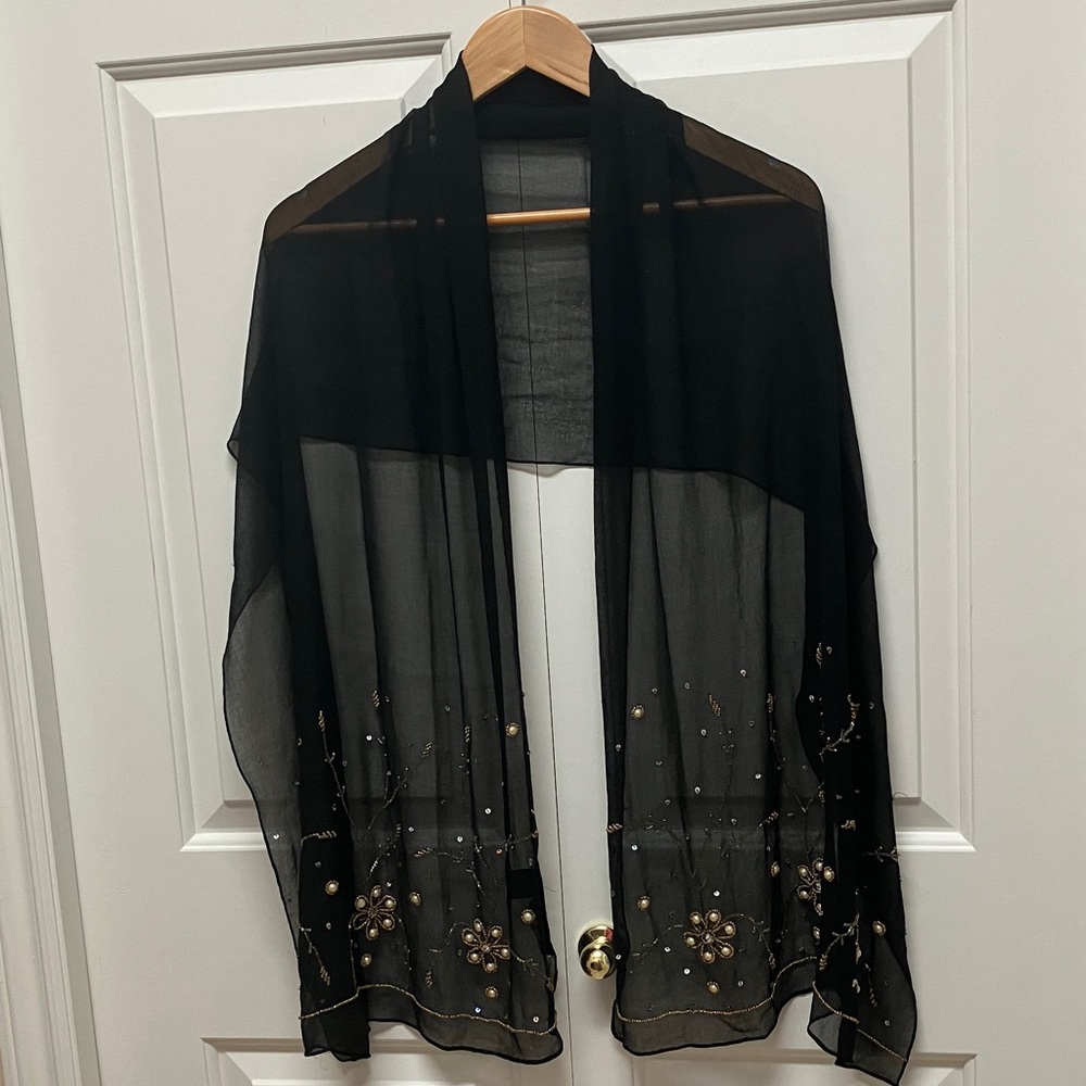 Frangi large oblong sheer scarf or wrap, beaded, black